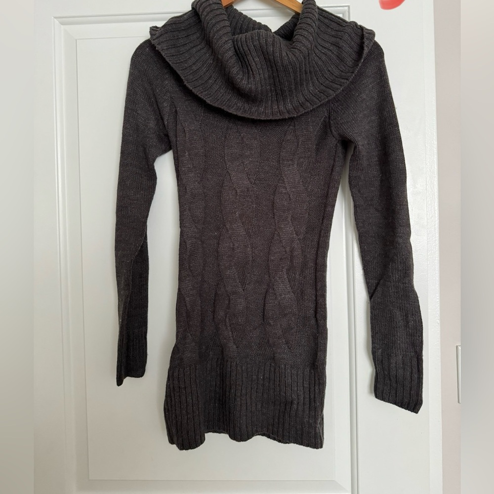 Grey knit sweater dress with turtle neck scoop